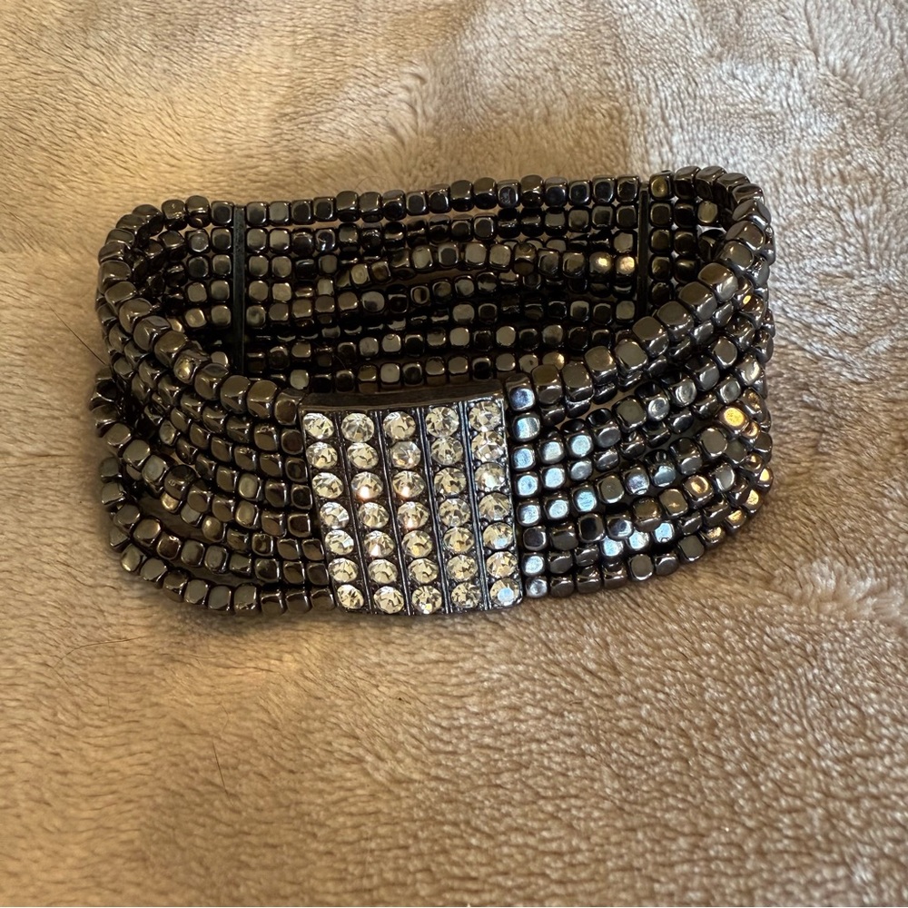 Gunmetal Gray Faceted Beads &‎ Crystal 1” Wide Slip On Bracelet